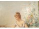 Large HST painting young woman fishing river landscape flowers Art Nouveau 19th