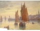 Watercolor seascape Louis Timmermans fishing boats Concarneau port 19th