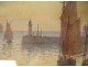 Watercolor seascape Louis Timmermans fishing boats Concarneau port 19th