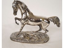 Pierre Lenordez silver-plated bronze sculpture, horse, racing, stallion, saddle, 19th century