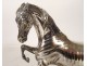 Pierre Lenordez silver-plated bronze sculpture, horse, racing, stallion, saddle, 19th century