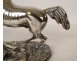Pierre Lenordez silver-plated bronze sculpture, horse, racing, stallion, saddle, 19th century
