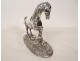 Pierre Lenordez silver-plated bronze sculpture, horse, racing, stallion, saddle, 19th century