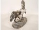 Pierre Lenordez silver-plated bronze sculpture, horse, racing, stallion, saddle, 19th century