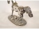 Pierre Lenordez silver-plated bronze sculpture, horse, racing, stallion, saddle, 19th century