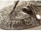 Pierre Lenordez silver-plated bronze sculpture, horse, racing, stallion, saddle, 19th century