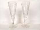 Paire grands verres à pied de mariage cristal gravé monogramme vigne XIXème