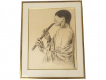 Large charcoal drawing of a character playing the flute, 20th century