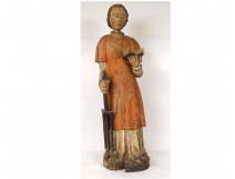Large polychrome wooden sculpture statue of Saint Laurent, grill, gospels, 17th century