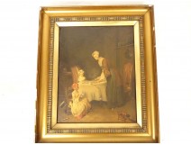 HST painting scene genre after Chardin Blessing supper children mother 19th century