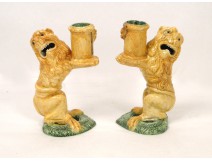 Pair of Candlesticks slip Majolica Lions 19th