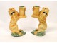 Pair of Candlesticks slip Majolica Lions 19th