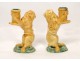 Pair of Candlesticks slip Majolica Lions 19th