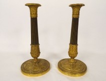 Pair of Restoration candlesticks, bronze torches, cornucopia flowers, 19th century