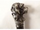 Antique cane with silver-plated metal handle, poodle dog head, wooden shaft, 19th century