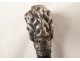 Antique cane with silver-plated metal handle, poodle dog head, wooden shaft, 19th century