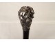 Antique cane with silver-plated metal handle, poodle dog head, wooden shaft, 19th century