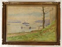 Watercolor marine landscape view seaside port boats Brest Brittany 20th century