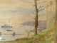 Watercolor marine landscape view seaside port boats Brest Brittany 20th century