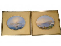 Pair of Neapolitan gouaches, landscapes, bay of Naples, Vesuvius, fishermen, Italy, 19th century