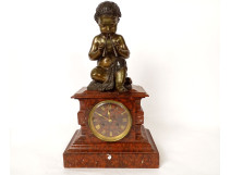 Griotte marble clock bronze cherub Pan Player Aulos Denier NapIII 19th century