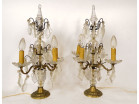 Paire girandoles 4 feux bronze doré cristal taillé pampilles fin XIXème