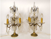 Pair of 4-light gilt bronze chandeliers with cut crystal and tassels, late 19th century