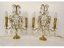 Pair of 2-light gilt bronze chandeliers with cut crystal and flower tassels, 20th century