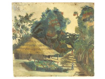 HSC painting Eugène Malonga view of African village Congo landscape Africa 20th century