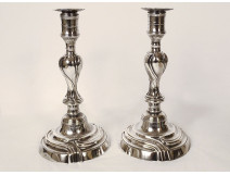 Pair of Louis XV candlesticks with coats of arms, silver-plated metal, Christofle, 19th century