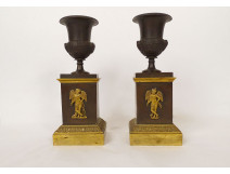 Pair of Empire cassolettes, Medici vases, bronze cherub, Cupid, torch, 19th century