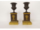 Pair of Empire cassolettes, Medici vases, bronze cherub, Cupid, torch, 19th century