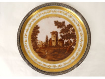 Decorative dish Limoges porcelain PL landscape sepia silver Minerva early 20th century