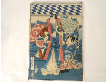 Print Ukiyo-e Genji-e Fusatane Utagawa Prince garden peonies Japan 19th century