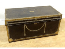 Officer&#39;s captain&#39;s trunk, camphor wood leather chest, gilded brass monogram, 19th century