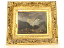 HSP painting landscape mountains woman shepherdess flock gilded frame 19th century