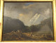 HSP painting landscape mountains woman shepherdess flock gilded frame 19th century