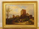 Grande HST tableau paysage ruines château femme fileuse moutons signé XIXè
