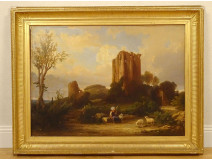 Large HST painting landscape ruins castle woman spinner sheep signed 19th century