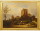 Large HST painting landscape ruins castle woman spinner sheep signed 19th century