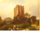 Large HST painting landscape ruins castle woman spinner sheep signed 19th century