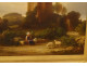 Large HST painting landscape ruins castle woman spinner sheep signed 19th century