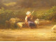 Large HST painting landscape ruins castle woman spinner sheep signed 19th century
