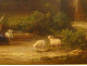 Large HST painting landscape ruins castle woman spinner sheep signed 19th century