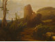 Large HST painting landscape ruins castle woman spinner sheep signed 19th century