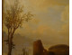 Large HST painting landscape ruins castle woman spinner sheep signed 19th century