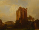 Large HST painting landscape ruins castle woman spinner sheep signed 19th century