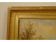 Large HST painting landscape ruins castle woman spinner sheep signed 19th century