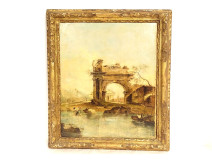 HST Italian landscape painting Capriccio ruins Venice Arc Triomphe Guardi 19th