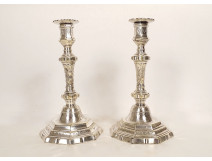 Pair of Louis XIV candlesticks, silver-plated metal, Christofle, 19th century
